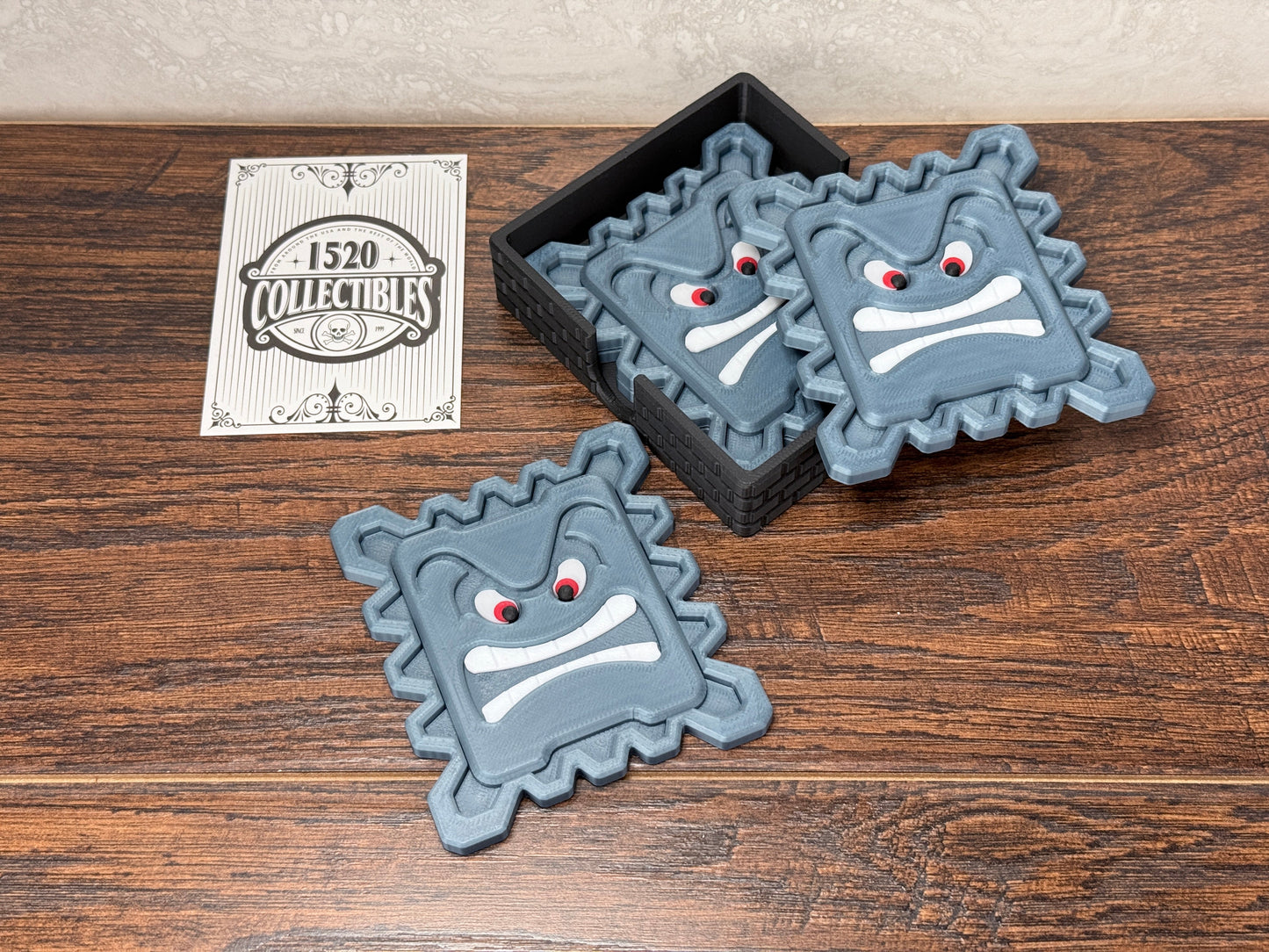 3D Printed Thwomp Coasters β Retro Gamer Drink Coaster Set | Geeky Gift for Nintendo Fans