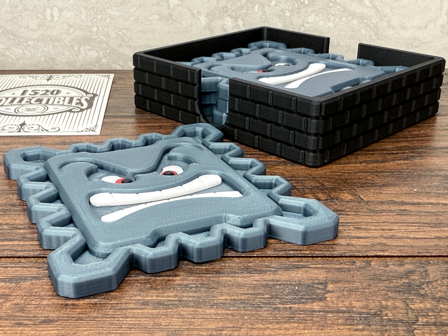 3D Printed Thwomp Coasters – Retro Gamer Drink Coaster Set | Geeky Gift for Nintendo Fans