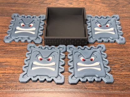 3D Printed Thwomp Coasters – Retro Gamer Drink Coaster Set | Geeky Gift for Nintendo Fans
